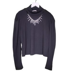 June & Hudson Top XL Black Puff Sleeve Mock Neck Rhinestones‎ Ribbed